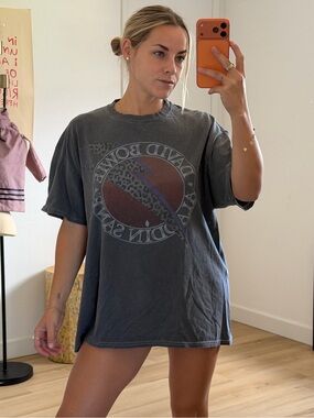 David Bowie Aladdin Sane Graphic Band Tee 0X Oversized Black Washed Cotton Shirt